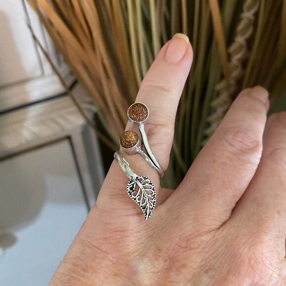 Sunstone Adjustable Sterling Silver Leaf Ring 6 - Picture 3 of 4